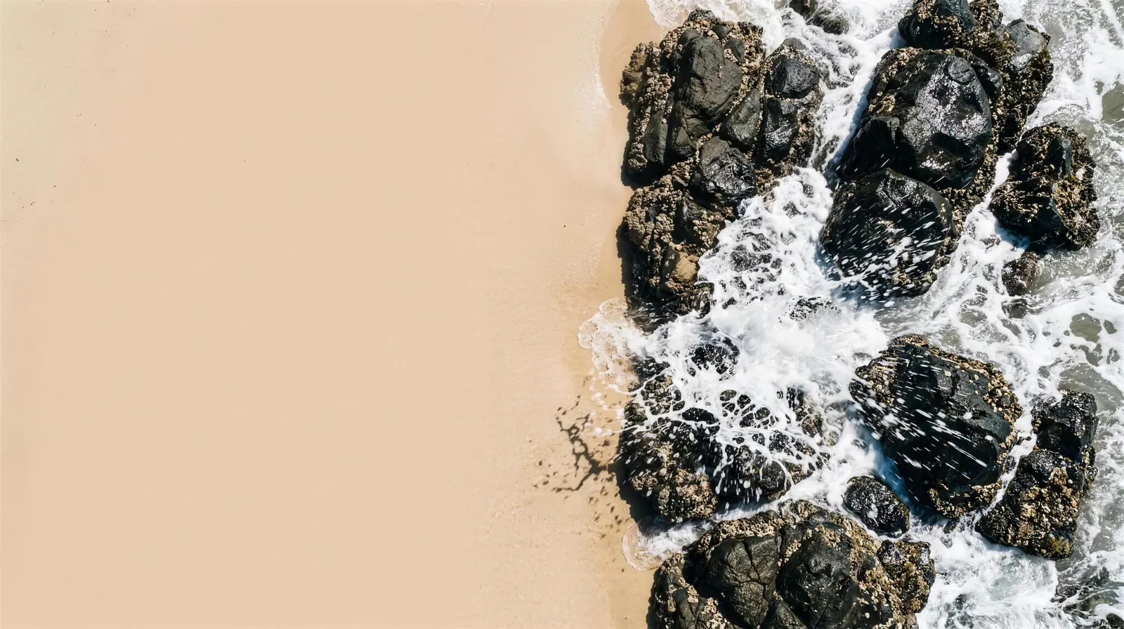 Aerial view of pale sand meeting dark volcanic rock and surf foam along the Laguna Beach coastline