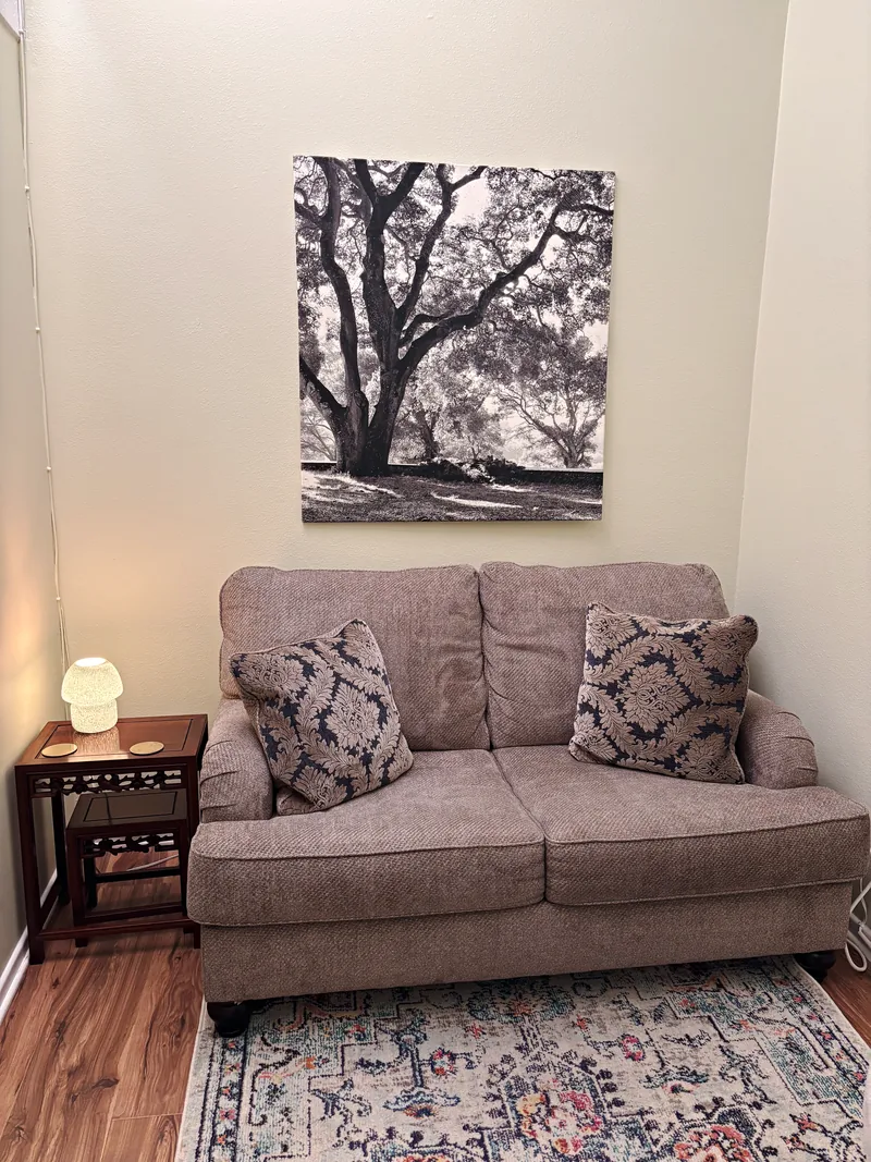 Loveseat with cushions and a lamp in a therapy room at the Third Street Counseling office in Laguna Beach